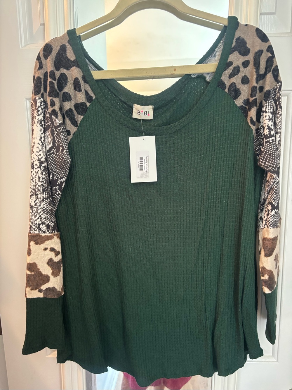 BiBi Dark Green Raglan Top with Mixed Animal-Print Sleeves